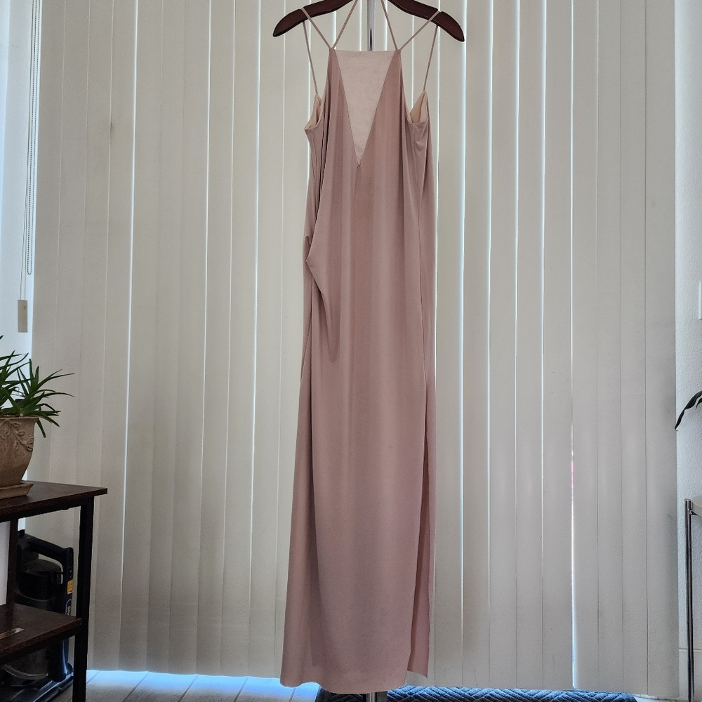 Zara Elegant Nude Maxi Dress With V-neck Design And Spaghetti Straps